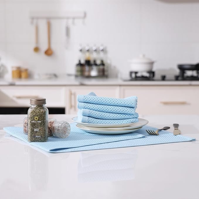Kitinjoy 100% Cotton Waffle Weave Kitchen Towels (13 X 28 Inches, Sky Blue), 6-Pack Super Soft and Absorbent Dish Towels for Drying Dishes, Kitchen Hand Towels