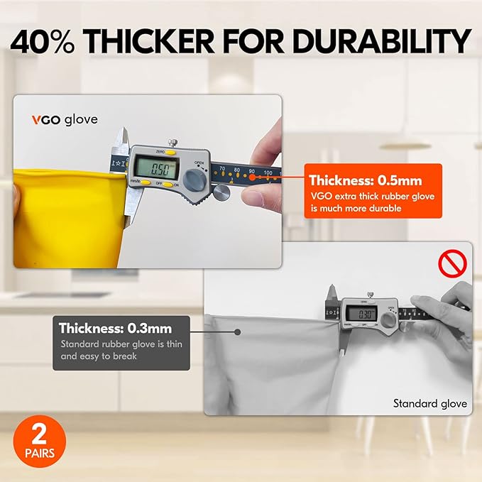 Vgo... 2-Pairs Reusable Household Gloves, Rubber Dishwashing gloves, Extra Thickness, Long Sleeves, Kitchen Cleaning, Working, Painting, Gardening, Pet Care (Size S, Yellow, HH4601)