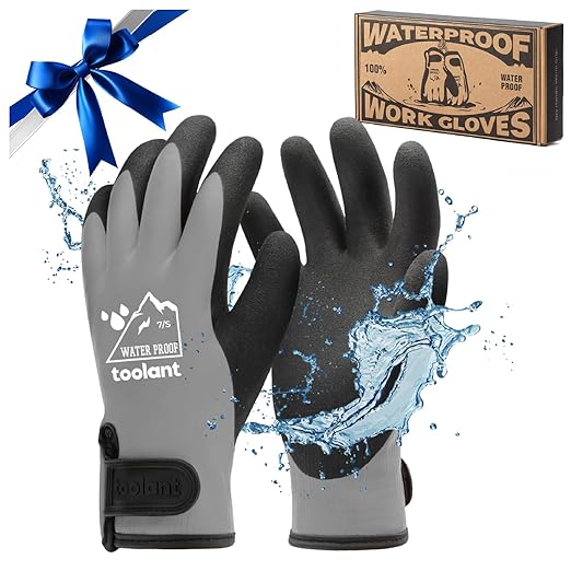 toolant 100% Waterproof Gloves for Men and Women, Winter Work Gloves for Cold Weather, Touchsreen, Thermal Insulated Freezer Gloves, With Grip, Warmth Gift for Family & Friends, Gray, M