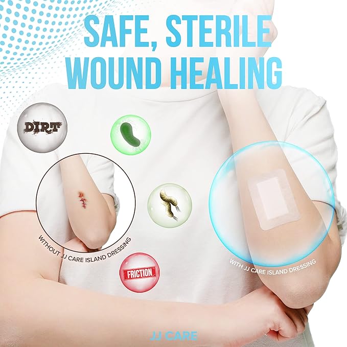 JJ CARE Adhesive Island Dressing [Pack of 100], 2x3 Sterile Bordered Gauze, Breathable Island Wound Dressing, Individually Wrapped Adhesive Gauze Bandages with Non-Stick Central Pad