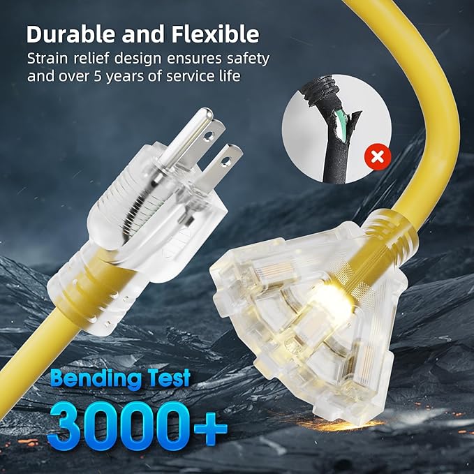 15 FT Outdoor Extension Cord with Multiple Outlets, 12 Gauge Heavy Duty Yellow Extension Cord Waterproof with 3 Outlet, 3 Prong Power Cord for Garden and Home Use Indicator Light, ETL Listed