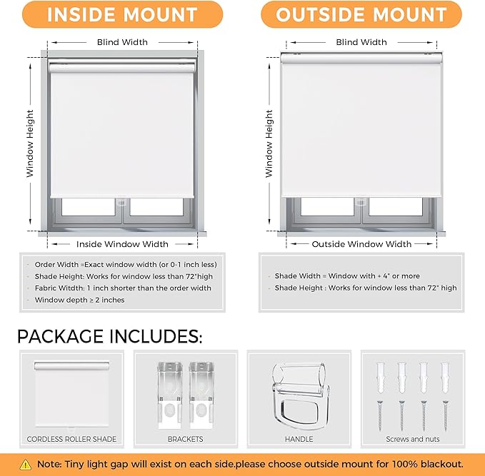 Cordless Roller Shades Blackout Blinds for Windows Room Darkening Rolled Up Shades with Spring System, UV Protection Window Shades Door Blinds for Home and Office (White, 33" W x 72" H)