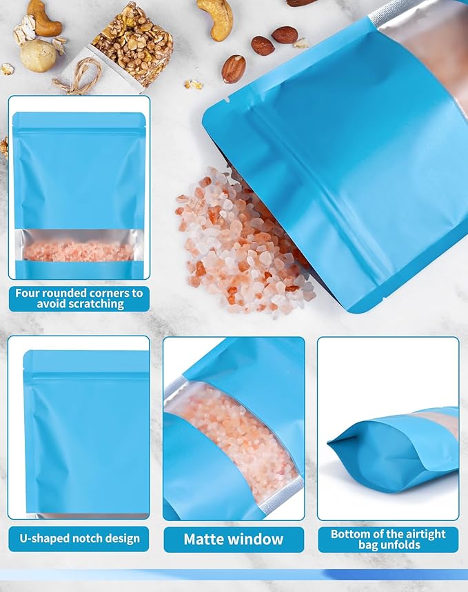 FireKylin 100 Pack Smell Proof Bags 5.5" x 7.8", Resealable Bags with Matte Window, Foil Pouch Stand Up Sealable Bags for Packaging（Blue）