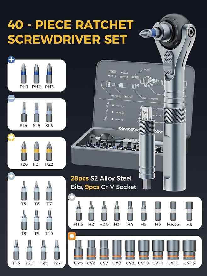ATuMan RS2 40 In 1 Screwdriver Set, Multi Ratchet Screwdriver Set Magnetic Quick-Release S2 Steel Bit with Case 45-Tooth 1/4 Small Ratchet Kit for Diy/Auto/Home/Repair