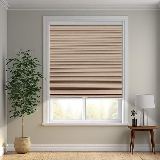 Changshade Cordless Cellular Shades, Blackout Honeycomb Shades for Windows, Pull Down Pleated Blinds, Easy to Install for Indoor Windows and French Doors,25" W x 48" H, Light Brown