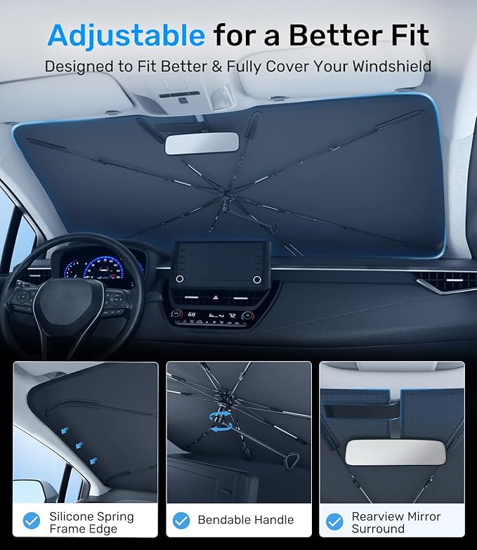Zanch 2025 Upgraded Car Windshield Sun Shade [Cool Down by 75℉ ] with Heat Insulation Coating, Foldable Sunshade Umbrella with Flexible Handle & Ribs, XL (40''x61'') for Super Large SUV, Truck, Van