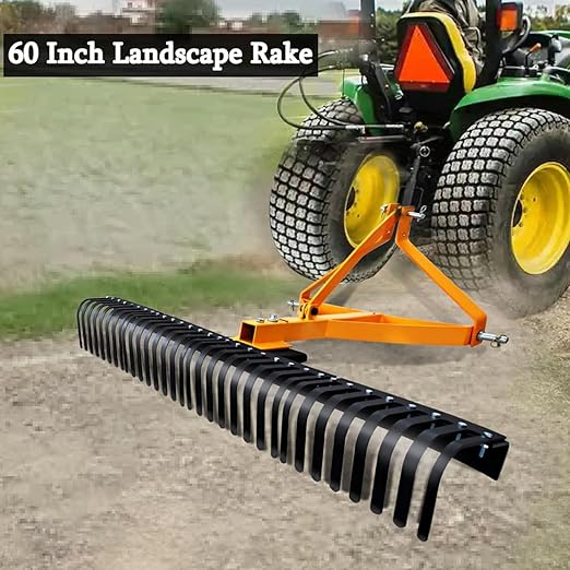 5 FT Landscape Rock Rake, 3 Point Attach Rake with 360 Degree Rotation Tow-Behind Garden Tool for Compact Tractors, Category 1