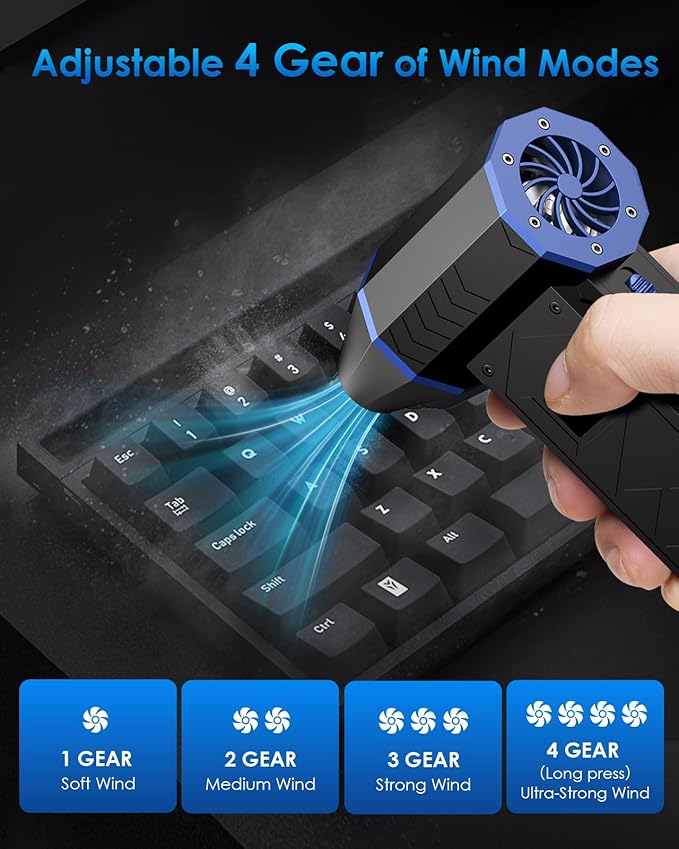 Compressed Air Can for Computers, 130000RPM Compressed Air Duster PC Blower Keyboard Cleaning Kit with LED Display & Light 4 Gear Adjustable Computer Cleaner Car Duster