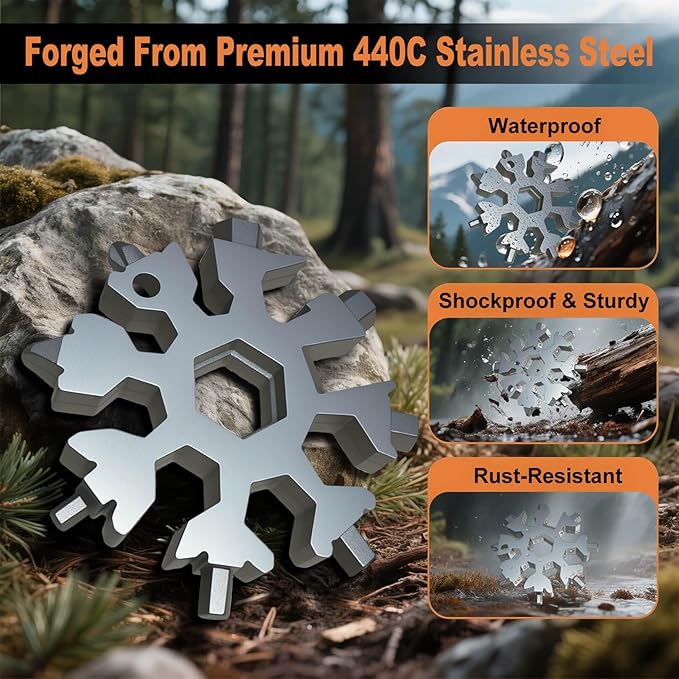 Snowflake Multi Tool 2 Pack - Stainless Steel 18 in 1 Multitool with Carabiner,Bottle Opener & Wrench,Stocking Stuffers for Men,White Elephant Gifts, Christmas Gifts for Him (Silver + Black)
