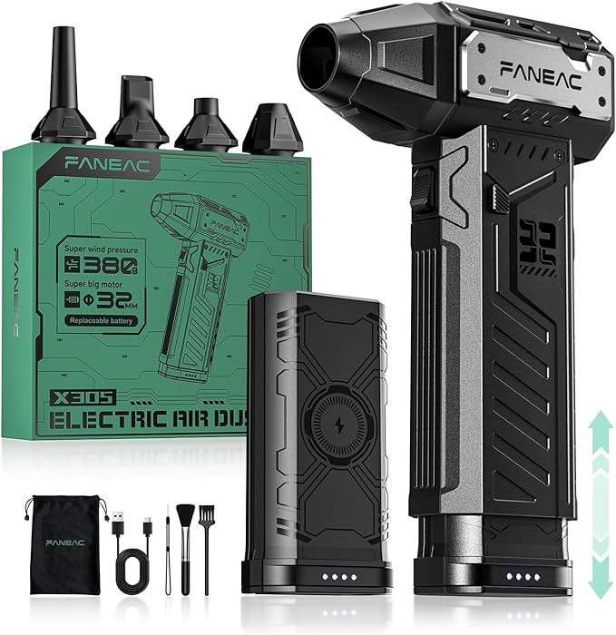 X305 Electric Air Duster Dual Battery - 150,000rpm, 3-Gear Adjustable Speed, Ultra-Powerful Brushless Motor Compressed air Duster, for Keyboard, Computer, House, Indoor and Outdoor