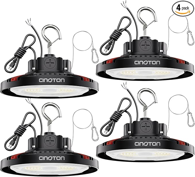 CINOTON UFO LED High Bay Light, 160W/120W/80W Switchable, AC100-277V LED Shop Lights with US Plug, 24000LM Dimmable 0-10V Commercial Bay Lighting for Garage Workshop 5000K Daylight-UL Listed, 4 Pack
