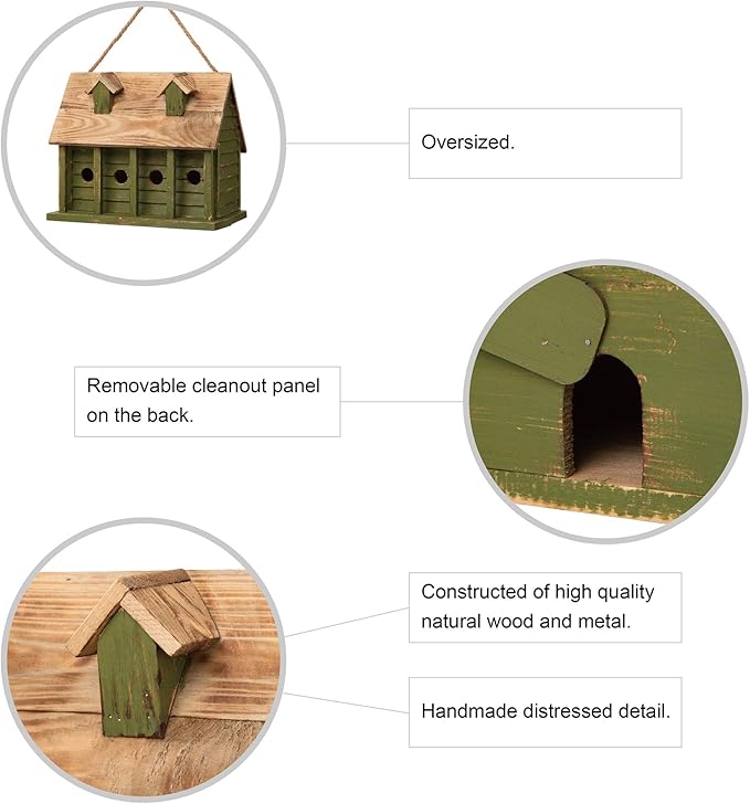 Glitzhome 14.25”L Wood Hanging Birdhouse for Outdoors Oversized Distressed Cottage Bird House Rustic Painted Bird House for Bluebird Wren Chickadee Sparrow Bird Nest Box for Garden Patio, Green
