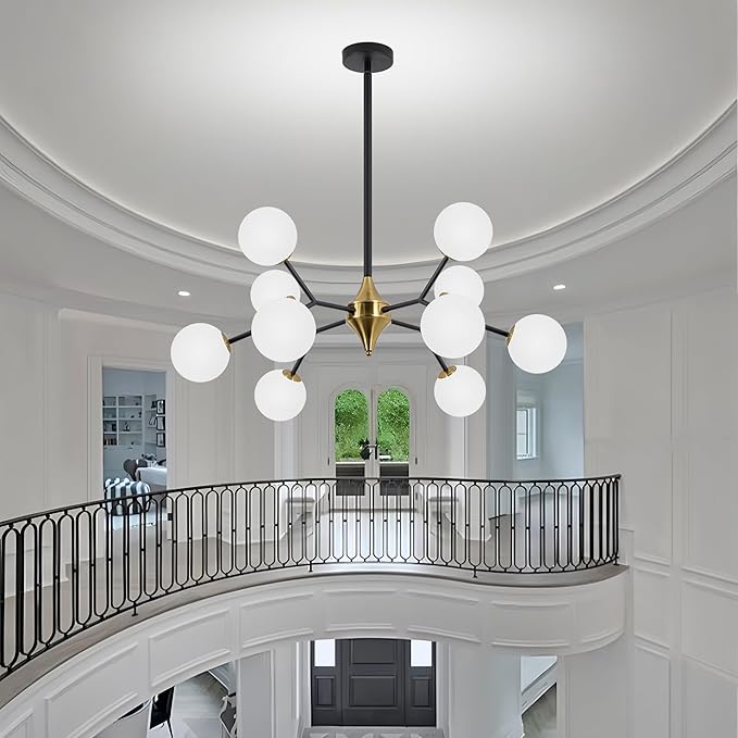 COCOSTAR Dining Room Chandelier, 10 Lights Modern Ceiling Light Fixture, Sputnik Chandelier, Chandeliers Over Table, Milk Globe, Black and Gold, G9 Base