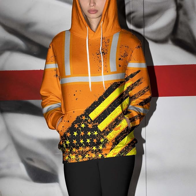 Color US Flag High Visibility Hoodie for Men Women Reflective Tapes Safety Workwear for Worker Runner Patriotic