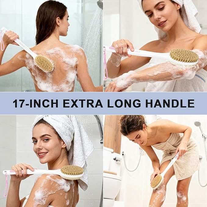 Back Scrubber for Shower with Long Handle, Exfoliating Bath Brush for Body - Double Sided Bristles (Stiff & Soft), Anti-Slip Grip, Lightweight - Gift for Seniors, Includes Lanyard & Hook, Pink