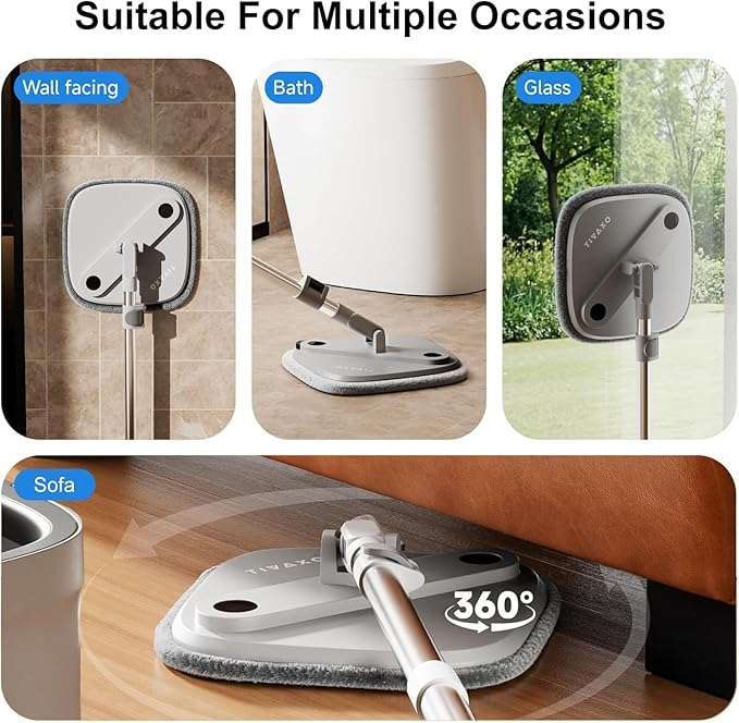 Mop and Bucket Set, Spin Mop with Self Seperates Dirty Water System, Square Mops for Floor Deep-Cleaning, 360 Rotating Mop Head for Hardwood Tile Marble, Versatile Mops for Walls (Mop Set with 4 Pads)