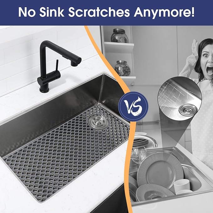 Silicone Sink Protector 28"x15" right Drain Hole, Heat Resistant Non-slip Dishwasher Suitable, Large Sink Mat for Bottom of Farmhouse Kitchen Stainless Steel Sinks(Grey)