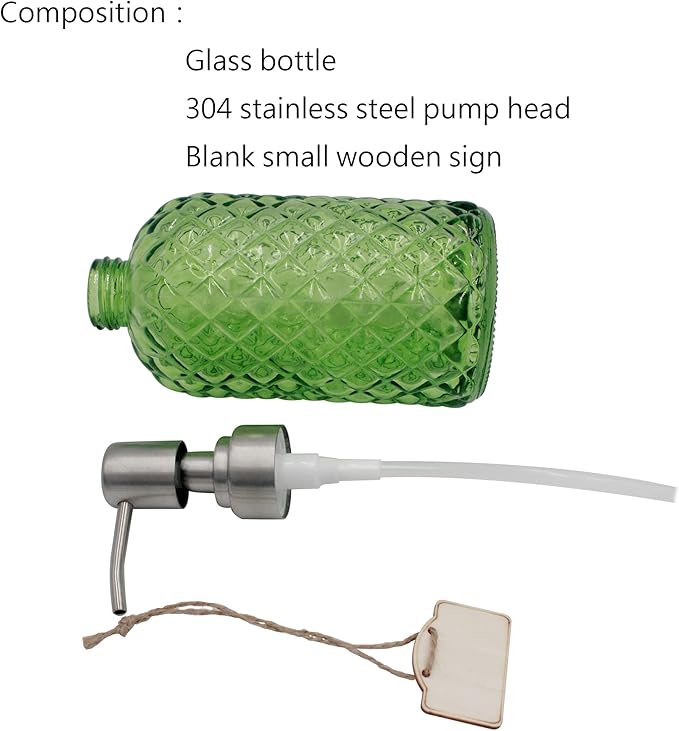 16 Oz Soap Dispenser with 304 Rustproof Stainless Steel Pump, Kitchen, Bathroom Soap Dispenser， Refillable Liquid Glass Soap Dispenser for Hand Soap, Soap, Lotion. (Green)