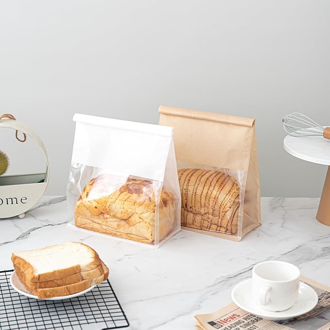 50 Pcs 8.6 Inch Bread Bags with Tin Tie, Large Loaf Bags Made Of White Cotton Paper, Storage Packing Bag with Clear Window for Bakery, Cafe, Homemade Bread