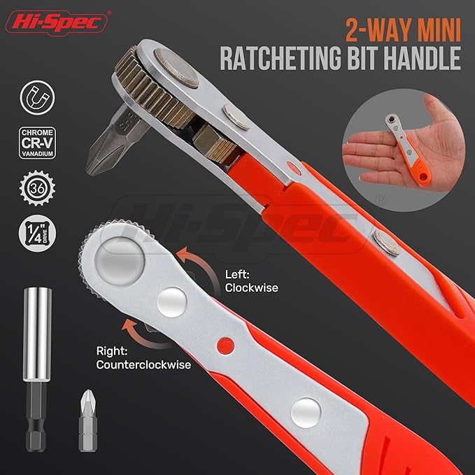 Hi-Spec 48pc Ratcheting Screwdriver & Socket Set, 1/4" Drive Mini Bit Ratchet and Quick-Release Ratchet, CR-V Sockets 4–14 mm, Security Bits in Portable Case