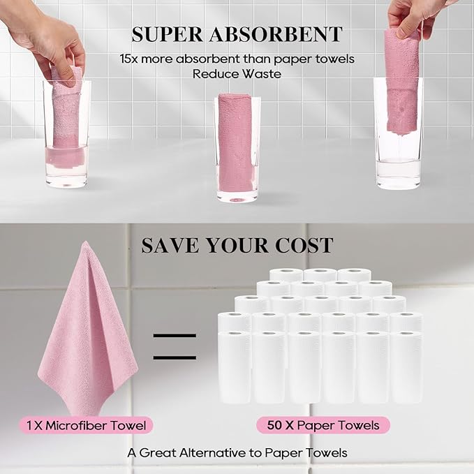HONOVA Microfiber Cleaning Cloth Roll-90 Pack, Tear Away Microfiber Towels, 12" x 12", Reusable, Washable, Scratch Free, Highly Absorbent Dish Rags for Car, Home, Garage or Shop(Pink&Grey)