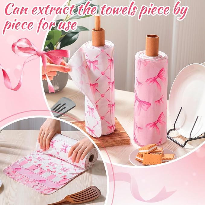 Redbaker 50 Pcs Reusable Paper Towels Paperless Reusable Cotton Cloths Toilet Absorbent Washable Paper Towels with Roll Kitchen Dishcloth for Kitchen Paperless Dishcloths(Pink Bow)