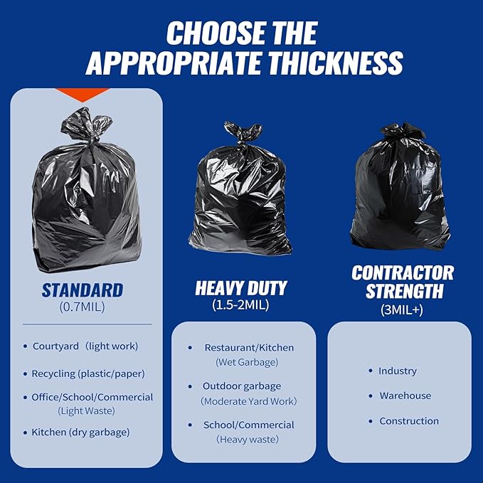 120 Count 55-60 Gallon Trash Bags, Tear-Free Large Black Garbage Bags for Kitchen, Office, Outdoor, Commercial Use, Lawn and Leaf Bags, Lightweight 17 Micron Design for Daily Dry Waste
