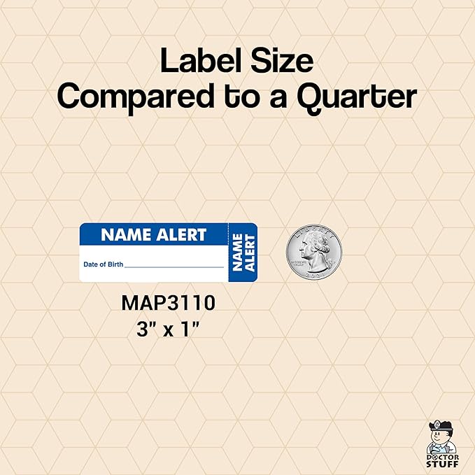Name Alert Chart Label with Date of Birth Field 3” x 1” White Blue Doctor Stuff 250 Stickers/Roll Permanent Adhesive for Patient Identity Verification