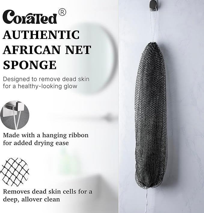 CORATED African Net Sponge Authentic, Shower Loofah Exfoliating Bath Sponge, Body Scrubber for Women and Men Daily Use Body Care, Travel Portable Bath Accessories for Bathroom (Blue & Black)