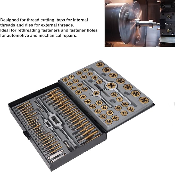 86PCS Tap Die Set Plated Carbide Essential Threading Rethreading Tool Kit for Automotive and Mechanical Repairs