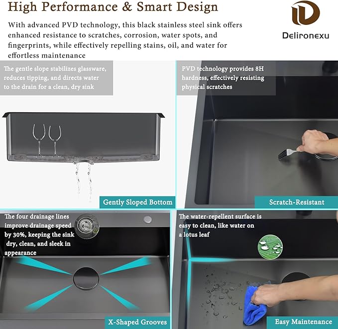 33 Inch Black Kitchen Sink Drop In – Delironexu 33x19 Drop In Kitchen Sink, 16 Gauge Black Stainless Steel sink Top Mount, Single Bowl kitchen Sinks with 4 Accessories