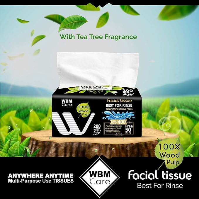 WBM Care Professional Facial Tissue with Tea Tree Fragrance, Pack of 10 Boxes per Case, 200 Sheets per Box, for a Total of 2,000 Soft and Refreshing Tissues