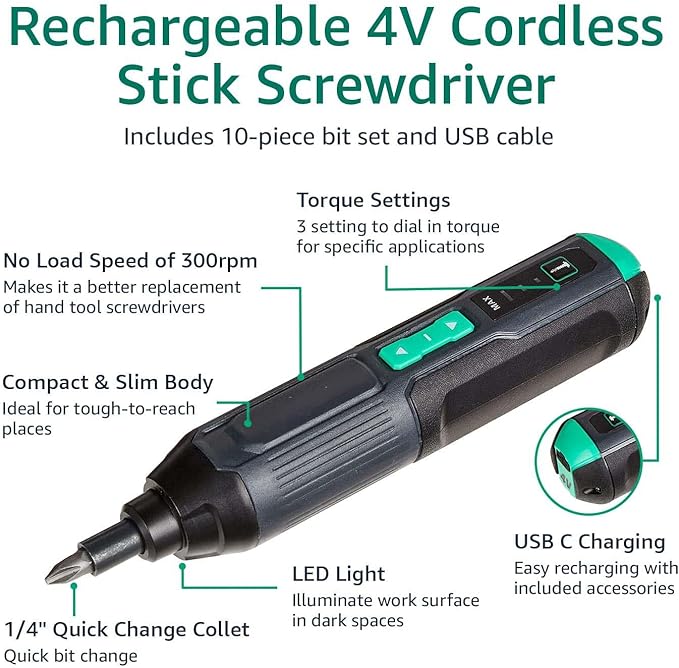 Amazon Basics by SKIL 4V Cordless Stick Screwdriver with 10-Piece Bit Set and USB Cable