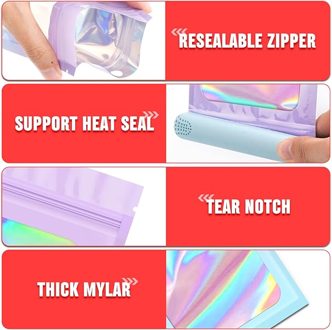 Funfery 300 Pack 3 Size Mylar Holographic Bags with Clear Window,Resealable Bag Smell Proof Foil Baggies Packaging Pouch for Food Storage,Sample,Small Business(Purple Blue,3x4.7,4x6,4.7x7.9in)