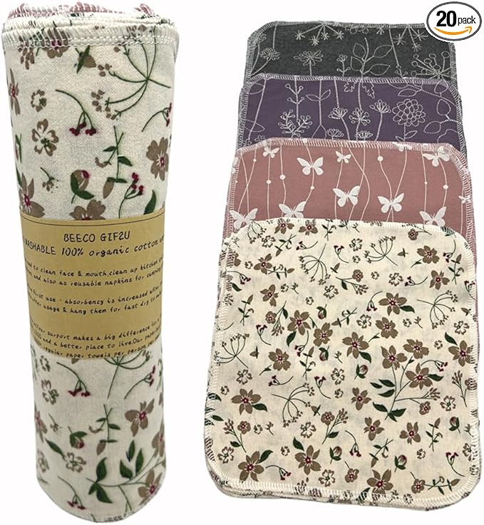 Reusable Paper Towel Rolls 20 Pack,Washable Napkin Cloth Value Set of 4 Colors 20 Pack of Paperless Towel-100% Cotton, Super Soft, Absorbent Made to Last (Blooming)