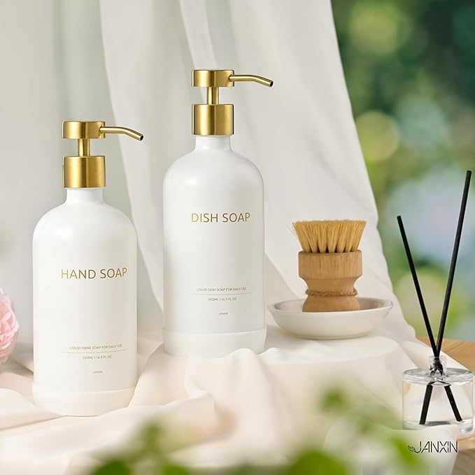 Glass Soap Dispenser Set with Ceramic Tray, 16.9 floz Hand and Dish Soap Dispenser for Bathroom Decor, White and Gold Kitchen Accessories (White Bottles + Gold Pumps)
