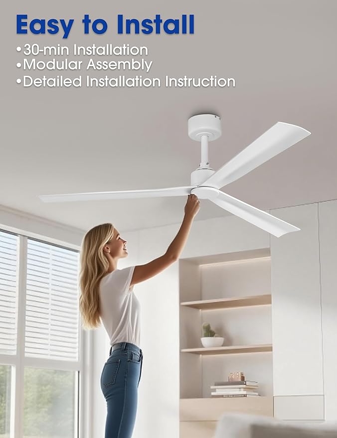 White Ceiling Fan No Light with Remote, Modern DC Motor Ceiling Fans without Lights for Bedroom, Reversible Quiet Indoor Outdoor Ceiling Fans for Patios Living Room, 6 Speeds, Timer, 50 Inch