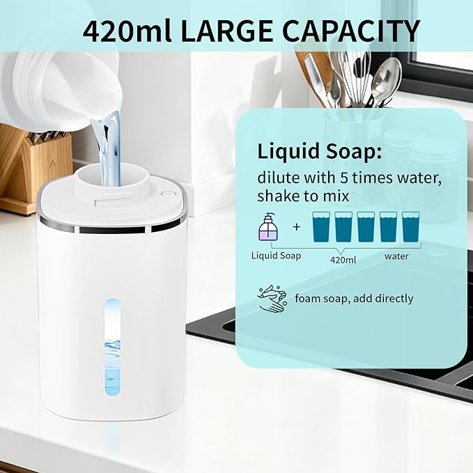 Automatic Soap Dispenser Touchless, Wall Mounted Smart Soap Dispenser, USB Rechargeable, 4 Adjustable Levels, 14.2oz / 420ml Large Capacity, for Bathroom, Kitchen, School (White, Liquid)