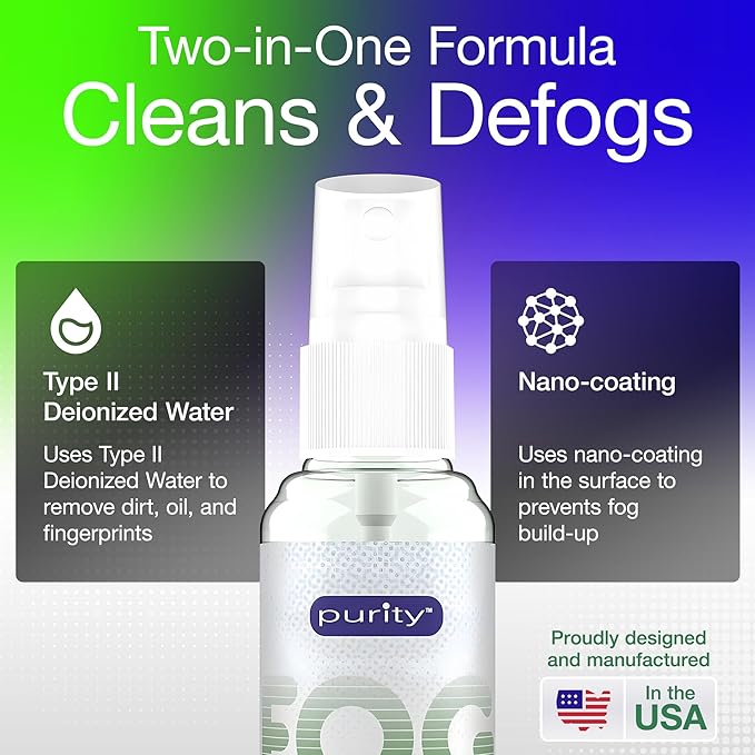 Purity Fog Stopper and Lens Cleaner Spray - Anti Fog Spray for Glasses & Non-AR Coated Lenses - Fog Blocker and Anti-Static Lens Cleaning Spray for Glasses, Eyewear, Goggles and Masks - 2oz
