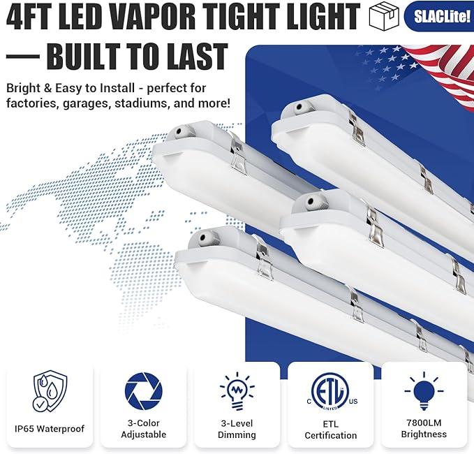 4FT LED Vapor Tight Light 60W/50W/40W,4000K/5000K/6000K CCT Selectable 7800lm (150W Eq.) IP65 Waterproof Outdoor Shop Light LED Vapor Proof Fixture for Garage Shop Barn Basement ETL 4-Pack
