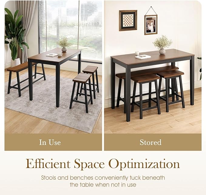 Sophia & William Dining Table Set for 4, Wooden Kitchen Table Set with Bench and 2 Chairs, Space-Saving Farmhouse Dining Sets, Walnut & Black