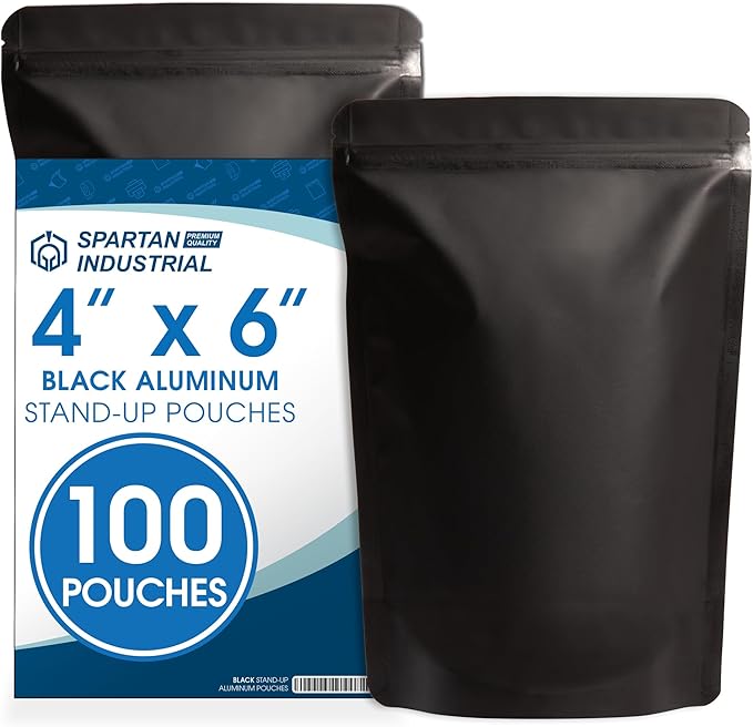 Spartan Industrial 4" X 6" Matte Black Stand-Up Pouches - 100 Count Smell-Proof Mylar Bags for Food Storage With Heat Sealable Opening and Resealable Zipper