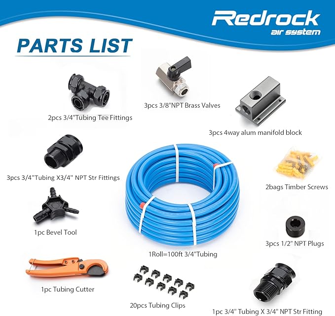 Compressed Air Piping System Pressured Leak-Proof Easy to Install 3/4" x 100 feet HDPE Aluminum Air Line Kit Air Compressor Hose kit Shop for Garage 200PSI ASTM F1282(Blue, 3/4"×100FT)