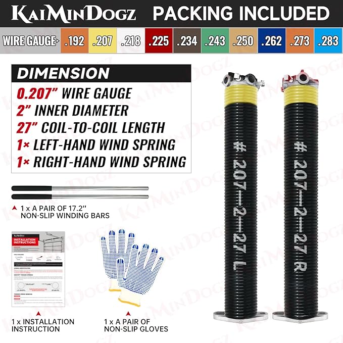 Pair of 2" Garage Door Torsion Springs Set with Non-Slip Winding Bar & Gloves,High Precision Electrophoresis Black Coated, for Replacement & Installation, MIN 16,000 Cycles (0.207x2''x27'')