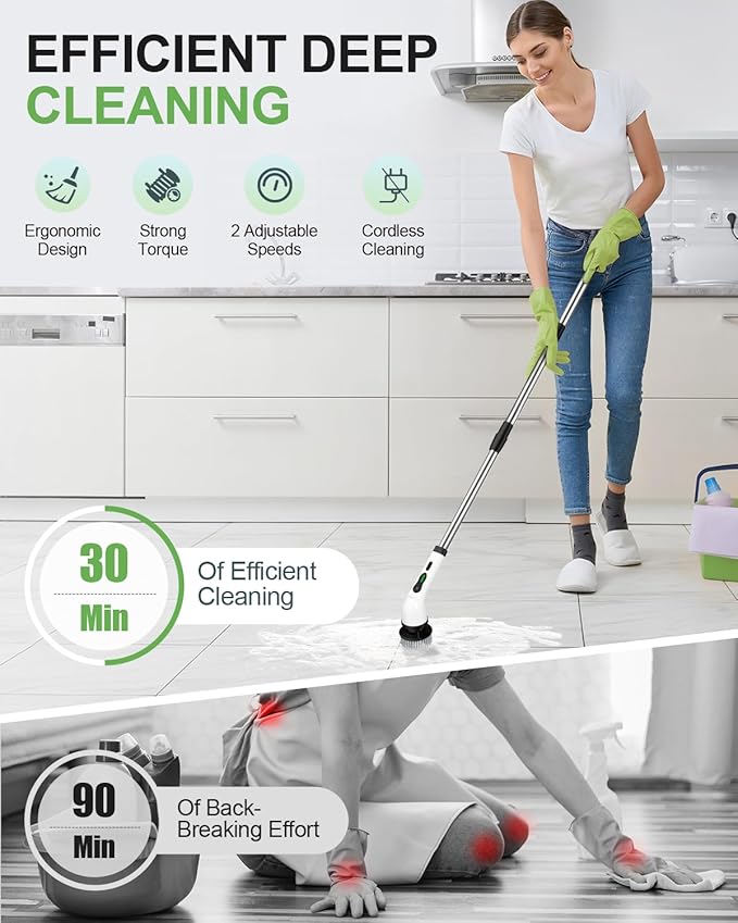 Electric Spin Scrubber, Cordless Cleaning Brush, Shower Scrubber with 9 Brush Heads 2H Power Dual Speed, Adjustable Extension Handle, IPX7 Waterproof for Tub Tile Floor Car, O-White.