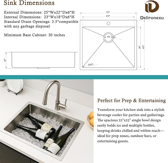 25x22 Drop In Kitchen Sink – Delironexu 18 Gauge Stainless Steel Kitchen Sink, 25 Inch Top Mount kitchen sink with Brushed Finish, 6 Inch Deep Single Bowl Sinks for RV, Prep, and Outdoor Use