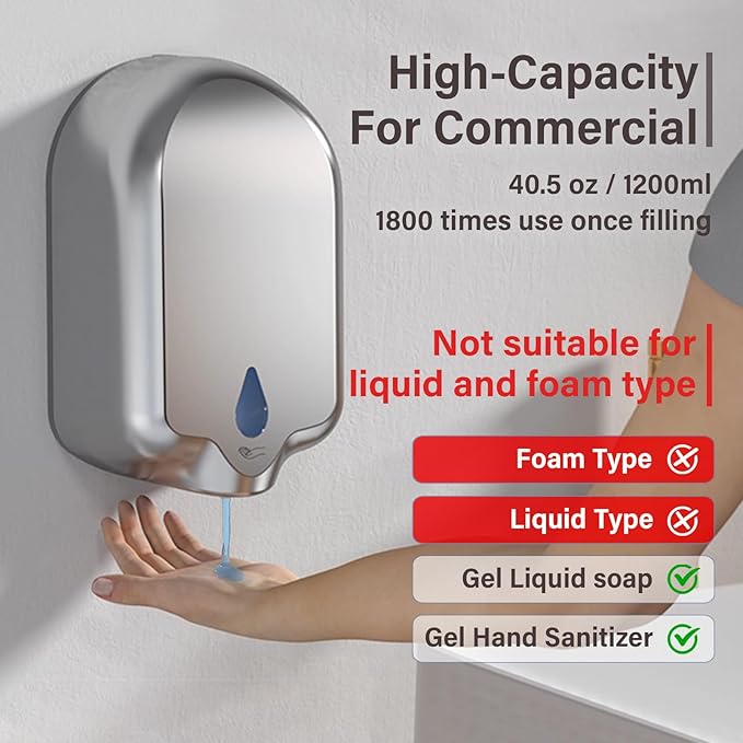 Commercial Gel Liquid Soap & Gel Hand Sanitizer Dispenser Automatic Touchless Wall Mounted for Commercial & Home Bathroom, Large Capacity 40.5 oz/1200 ml (Stainless Steel)