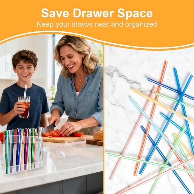 Straw Holder Acrylic for Cabinet Reusable Organizer Dispenser 5-Grid Straw Rack Comes with 8 Double-Sided Tapes and 15 Classification Label Stickers (Transparent)