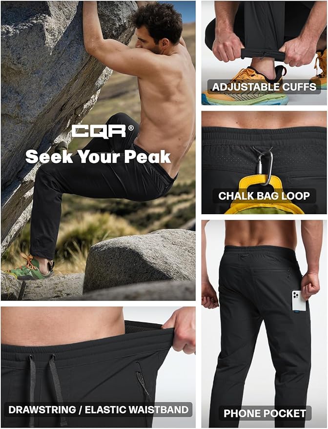 CQR Men's Lightweight Vent Hiking Pants, Water-Resistant & Breathable Sports Outdoor Athletic Pants with Elastic Waist
