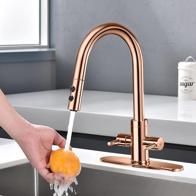Kitchen Faucet, Two Handles Sink Faucet with Sprayer, Stainless Steel, Copper Rose Gold, PB1048